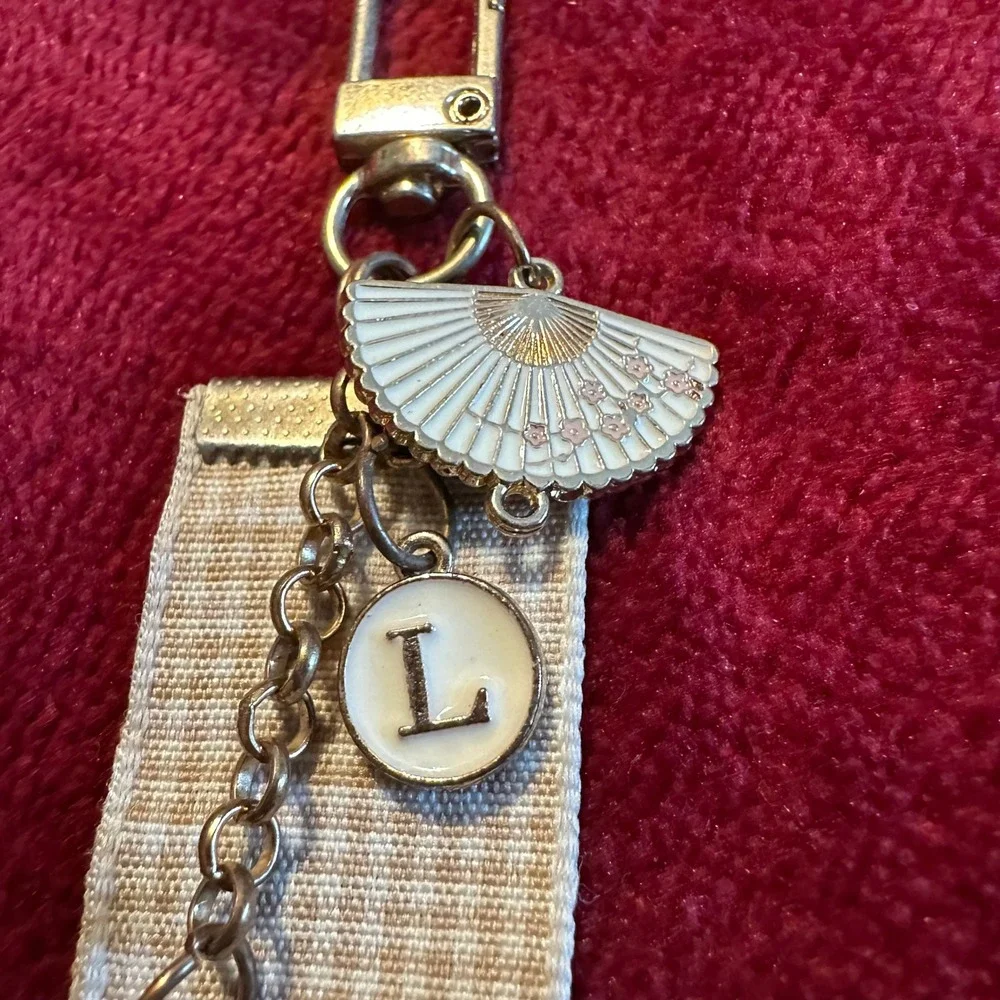 No Face Spirited Away Enamel Keychain Initial L Cherry Blossom Fan Gold Tone